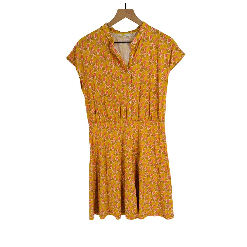 Boden Yellow Pineapple Print Short Sleeve Dress Size 12 Tropical Fruit Whimsical